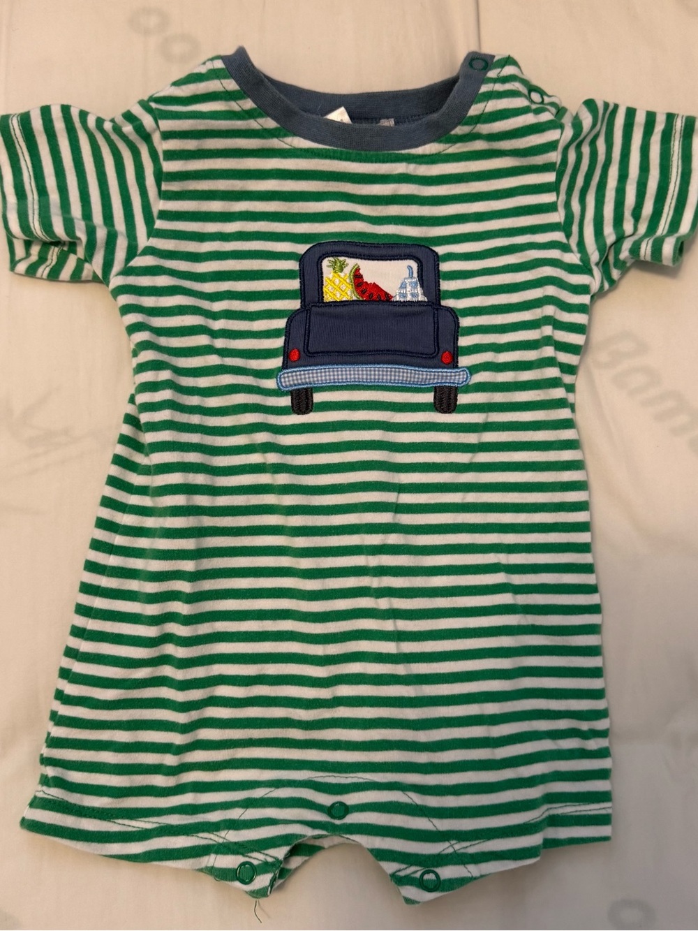 Green & White Striped Baby Romper with Truck Appliqué